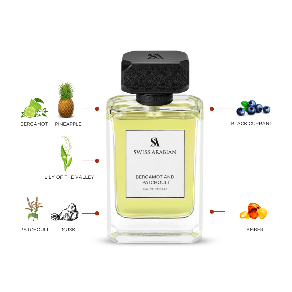 Swiss Arabian Bergamot And Patchouli Eau De Parfum For Women - 100 ML - box and bottle packaging