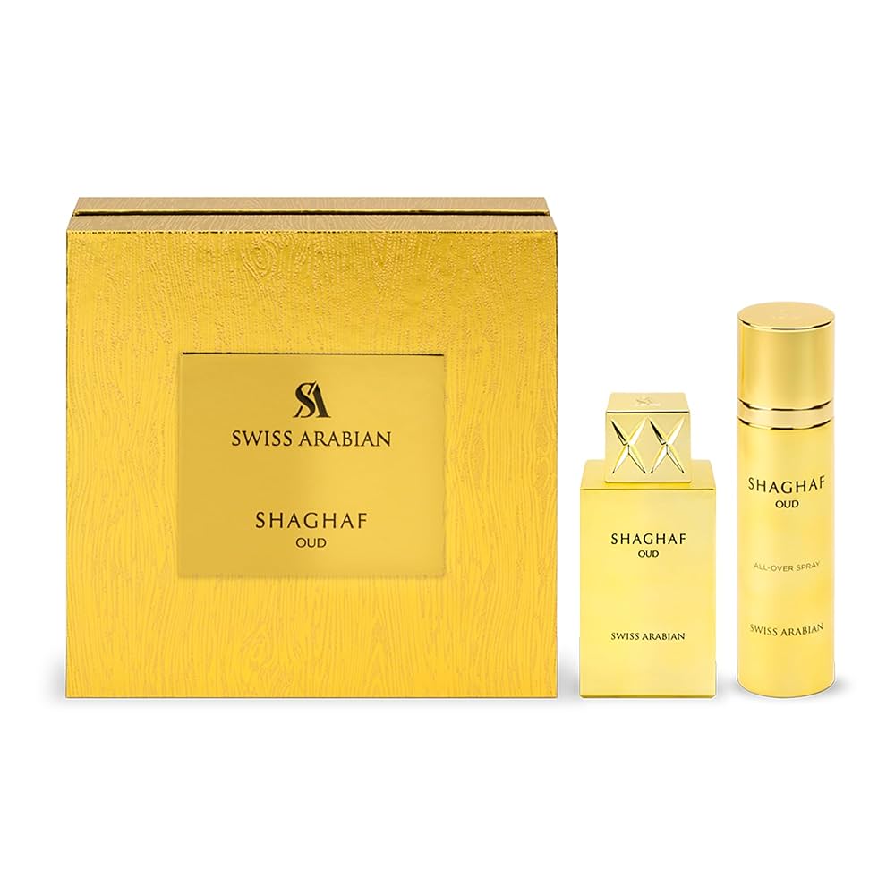 Swiss Arabian Shaghaf Oud - Eau de Parfum and Body Spray Perfume Set - Long Lasting Arabian Perfume with Saffron, Praline, and Vanilla - 2 pc - Unisex