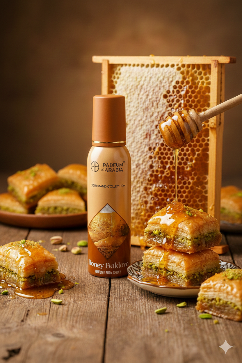 PDA Honey Baklava Perfume Body Spray, Pistachio Cardamom Gourmand, 150mL bottle product photo, 150 mL / 5.07 fl oz