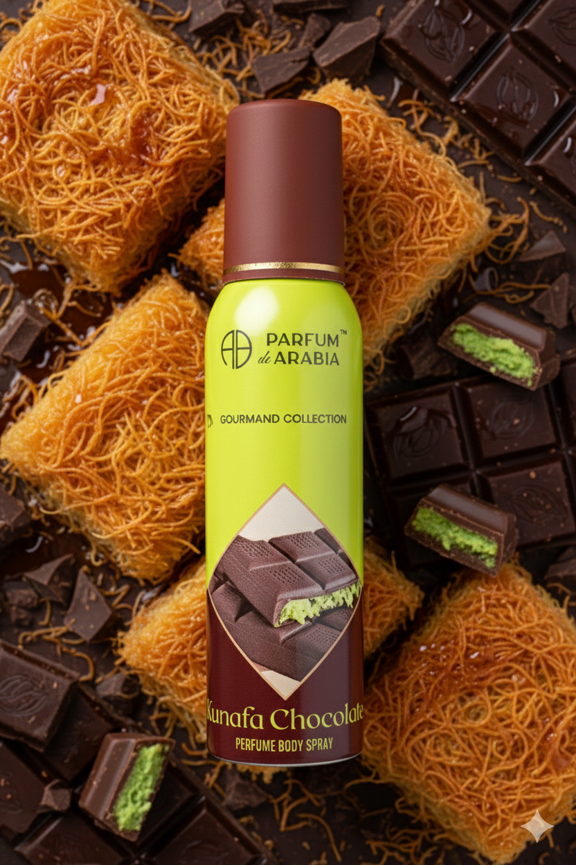 PDA Kunafa Chocolate Perfume Body Spray, Pistachio Coffee Gourmand, 150mL bottle product photo, 150 mL / 5.07 fl oz