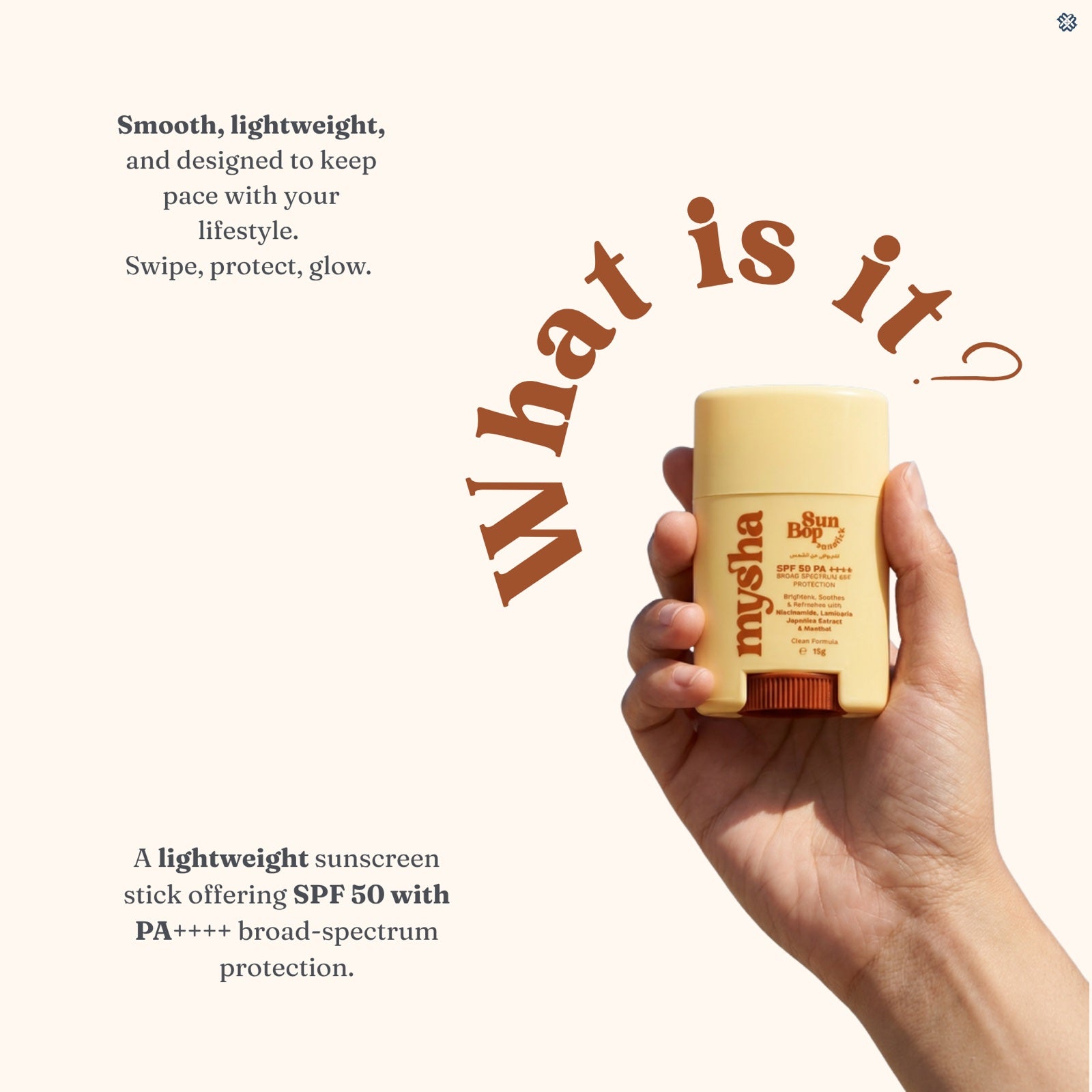 MYSHA Sunbop SPF 50 PA++++ Sunscreen Stick, Niacinamide, 15g bottle product photo, 15 g / 0.53 oz