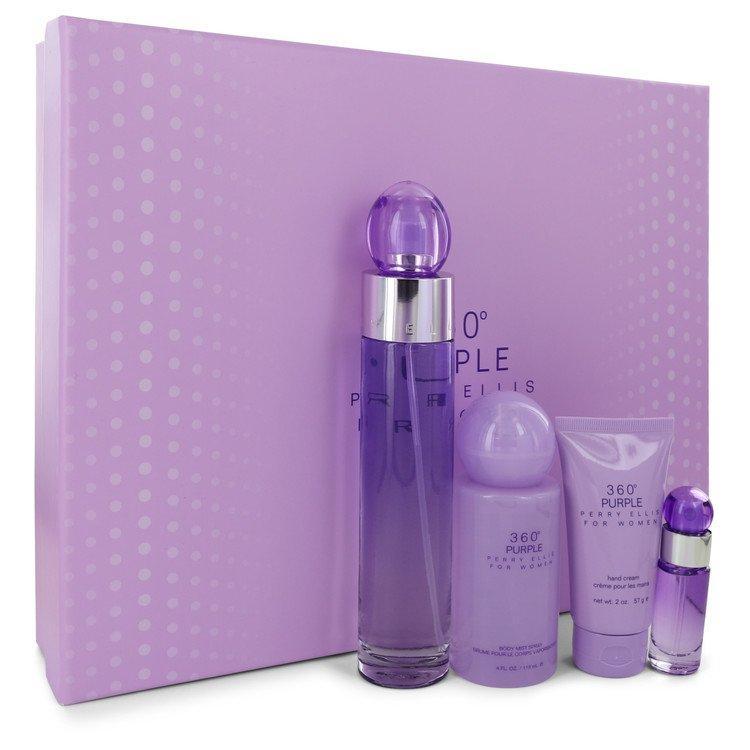 Set - Perry Ellis 360 Purple For Women 100 ML EDP Spray + 118 ML Body Mist + 57G Hand Cream + 7.5 ML EDP Spray - authentic...