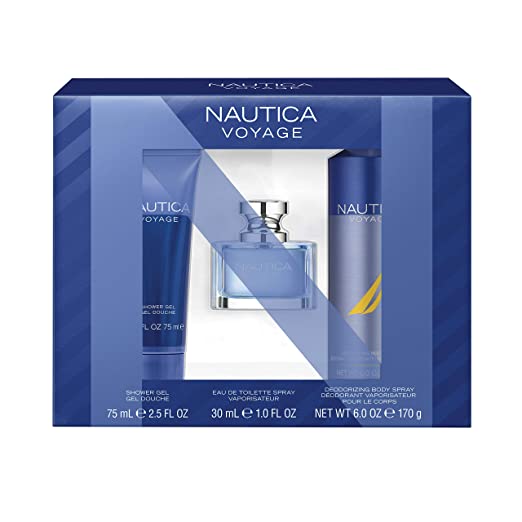 Set - Nautica Voyage 50 ML EDT Spray + 170g Body Spray + 75 ML Shower Gel For Men - authentic fragrance from Brands Wareho...