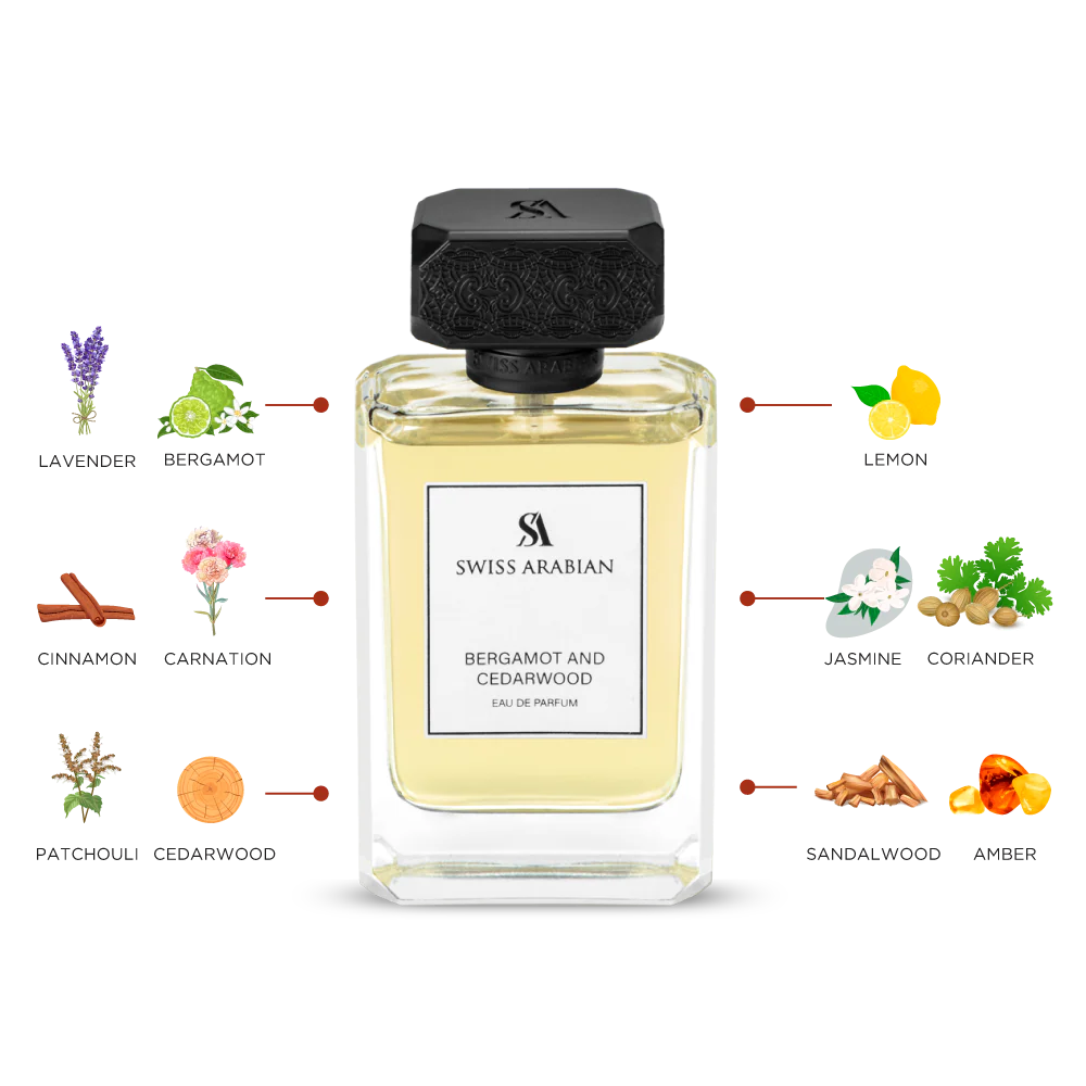Swiss Arabian Bergamot And Cedarwood Eau De Parfum For Men - 100 ML - box and bottle packaging