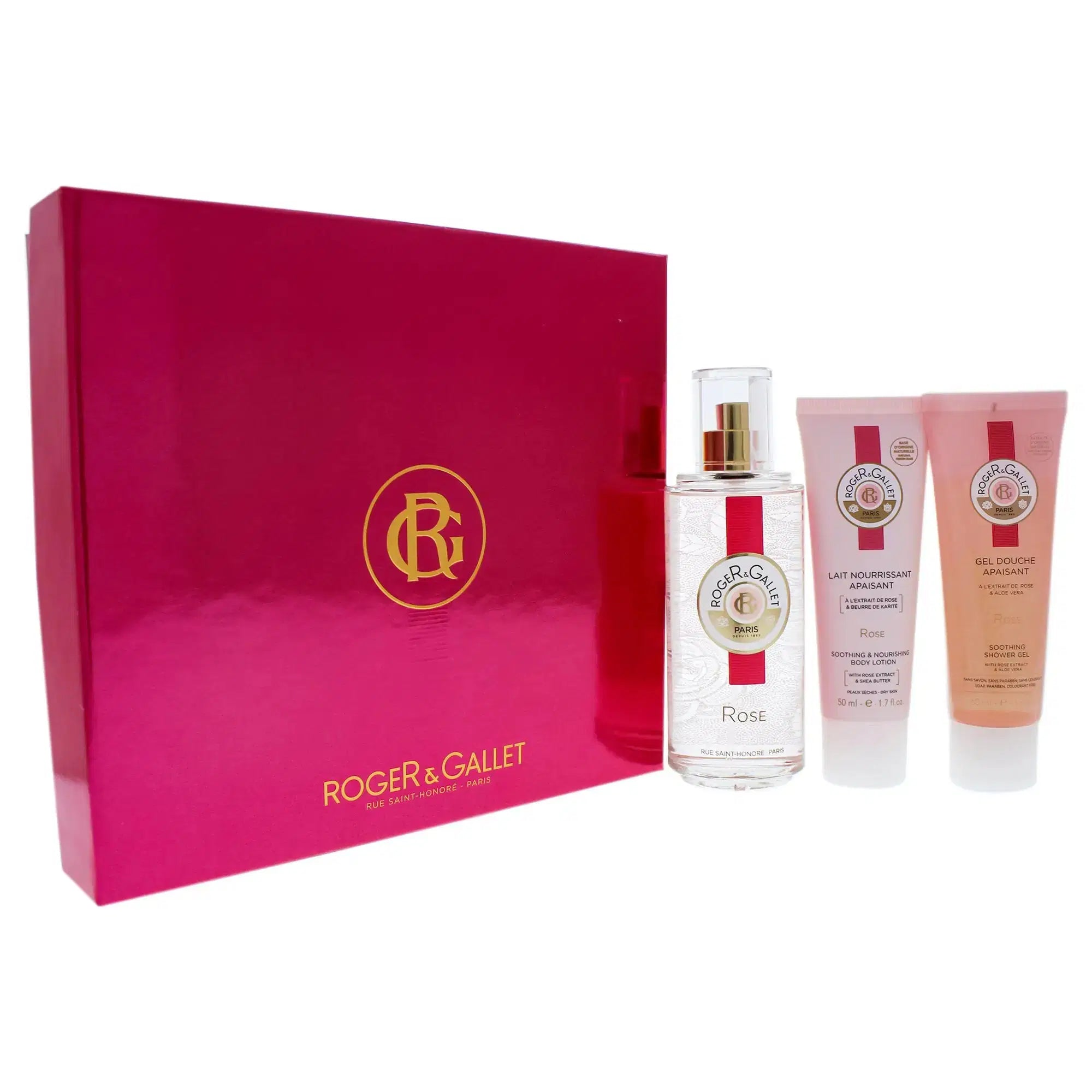 Roger & Gallet Rose 100 ML Fragrant Well-Being Water Spray And 50 ML Shower Gel And 50 ML Body Lotion - authentic fragranc...
