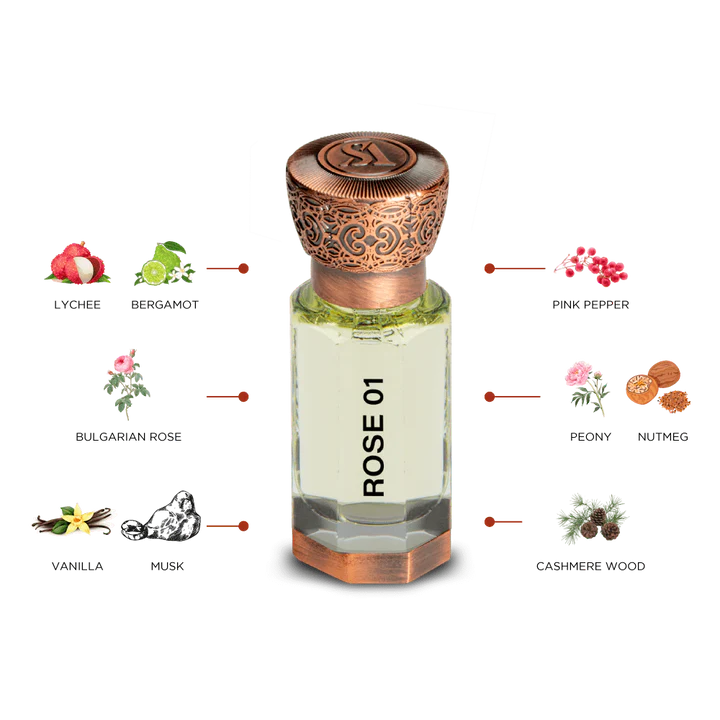 Swiss Arabian Rose 01 Perfume Oil For Women - 12 ML - box and bottle packaging