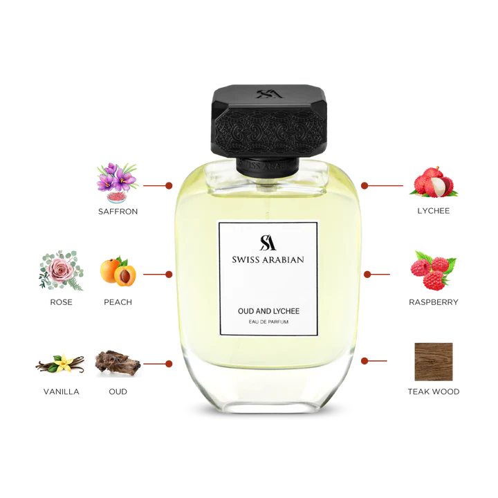 Swiss Arabian Oud And Lychee Eau De Parfum Unisex - 100 ML - box and bottle packaging
