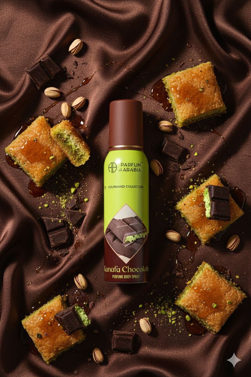 PDA Kunafa Chocolate Perfume Body Spray, Pistachio Coffee Gourmand, 150mL bottle product photo, 150 mL / 5.07 fl oz