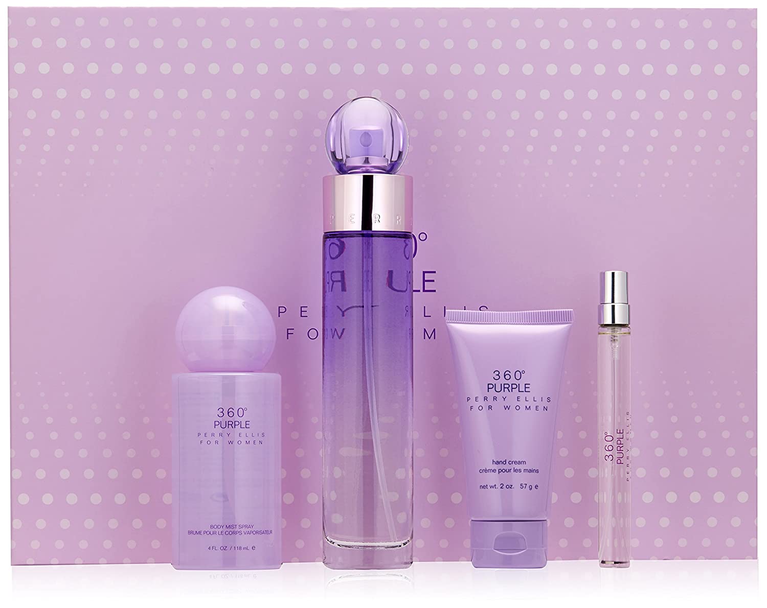 Perry Ellis 360 Purple Women 4-Piece Gift Includes 3.4 Fl Oz. Edt, 4 Oz. Body Mist, .33 Fl Oz. Edt Spray, 2 Oz. Hand Cream