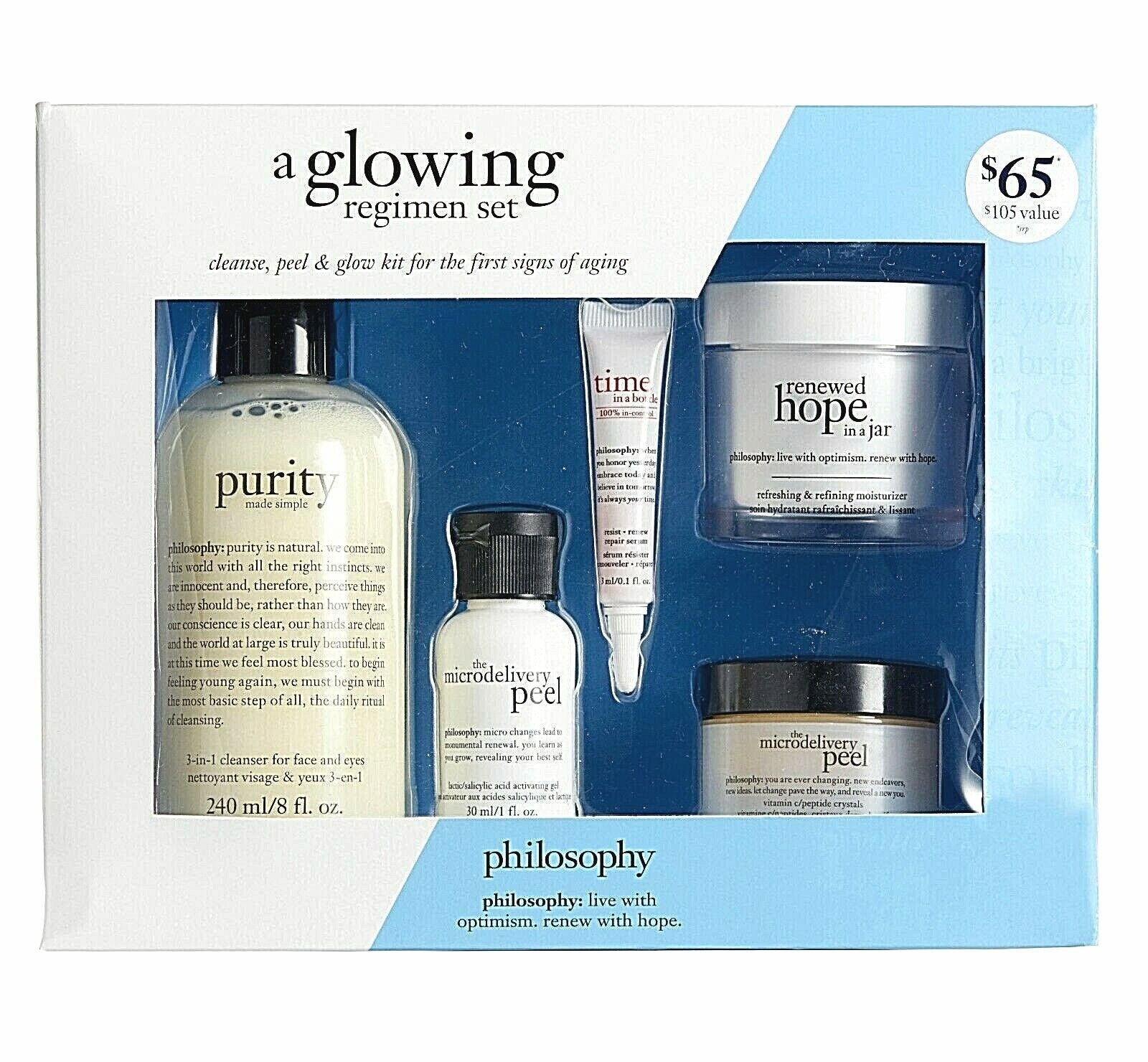Damage - Set - Philosophy A Glowing Regimen - Purity Made Simple 3-In-1 Cleanser For Face & Eye 240ml + The Microdelivery Resurfacing Peel 30ml + Salicylic Acid Activating Gel 30ml + Time In A Bottle 100% In-Control Serum 3ml + Renewed Hope In A Jar