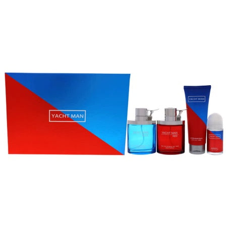 Set - Myrurgia Yacht Man Red 100 ML EDT Spray + Blue 100 ML EDT Spray + 150 ML After Shave Balm + 50 ML Roll-On Deodorant ...